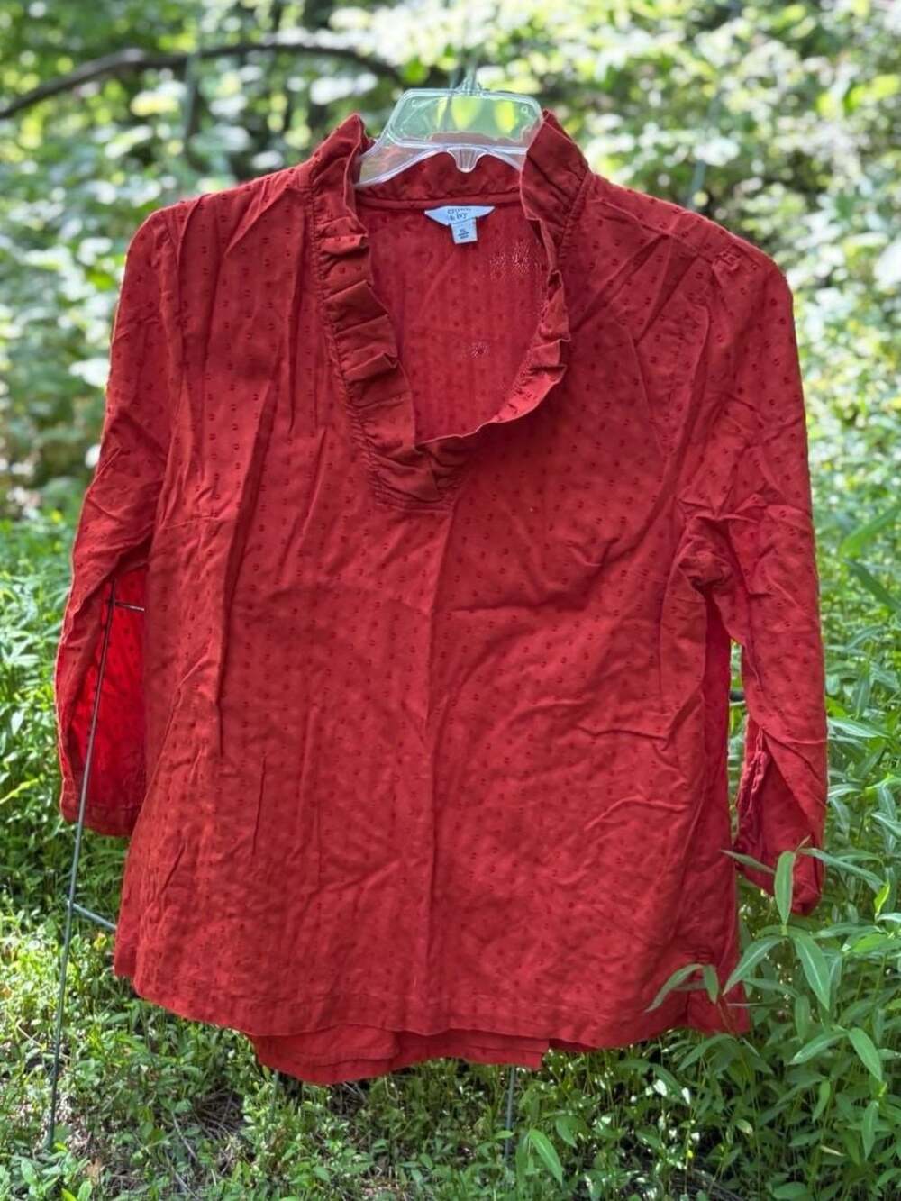 Swiss Dot Ruffle Neck Blouse